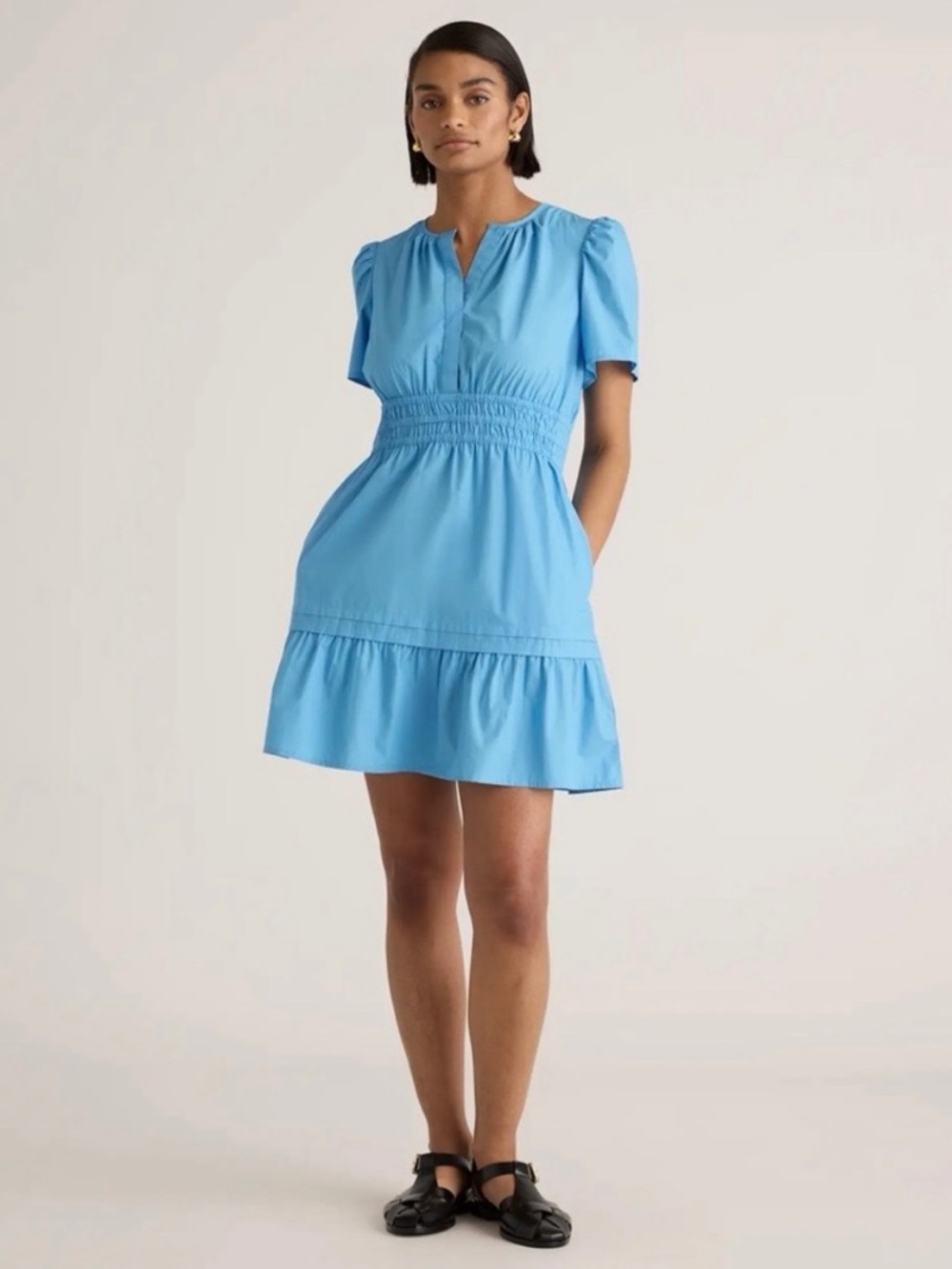 Quince 100% Organic Cotton Poplin Tiered Mini Dress in Cornflower Blue